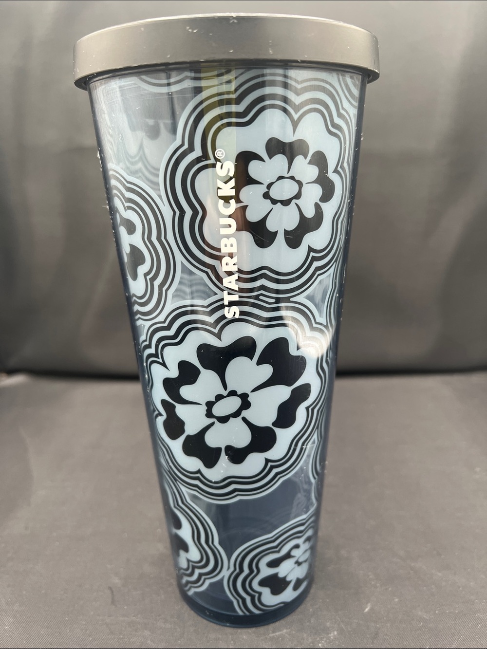 Starbucks Black and Pale Blue Floral Travel Tumbler with Gray Lid